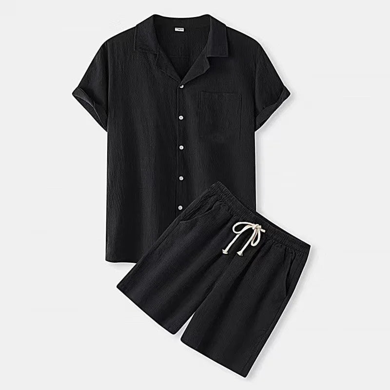 2025 New Summer Cotton Shorts Sets Men Lapel Short Sleeve Shirts Shorts 2-piece Set Men's Casual Sportswear Suit Solid Loose