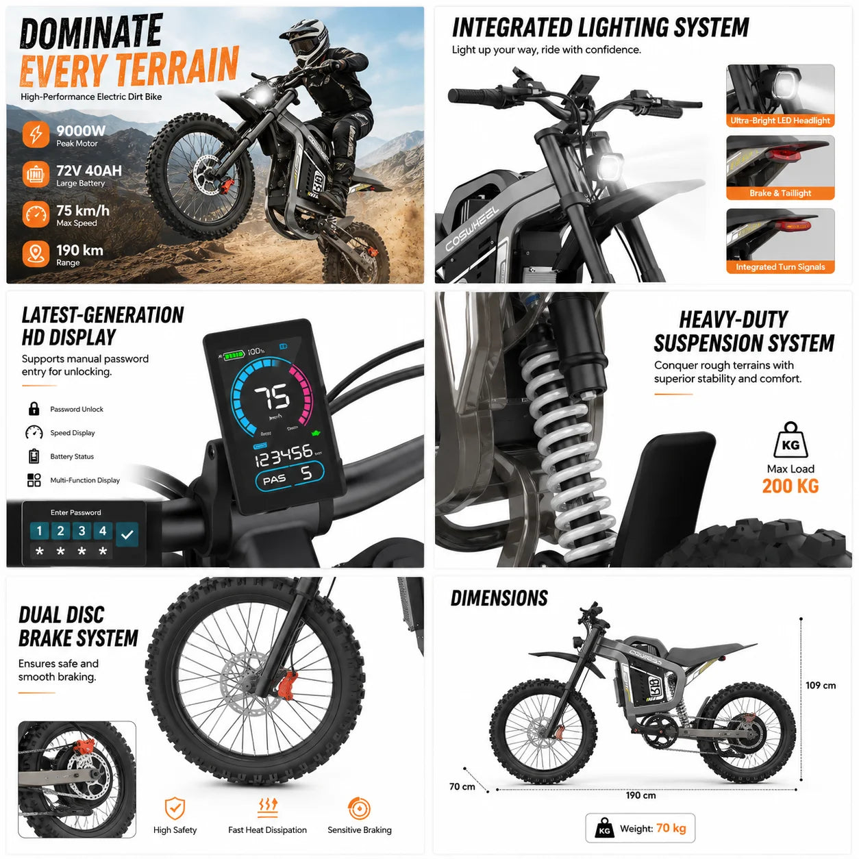 Electric Bike 72V 40AH Battery Ebike New 9000W Peak Electric Bicycle Off-road E Bike Adult Max96km/h Mountain Electric Dirt Bike