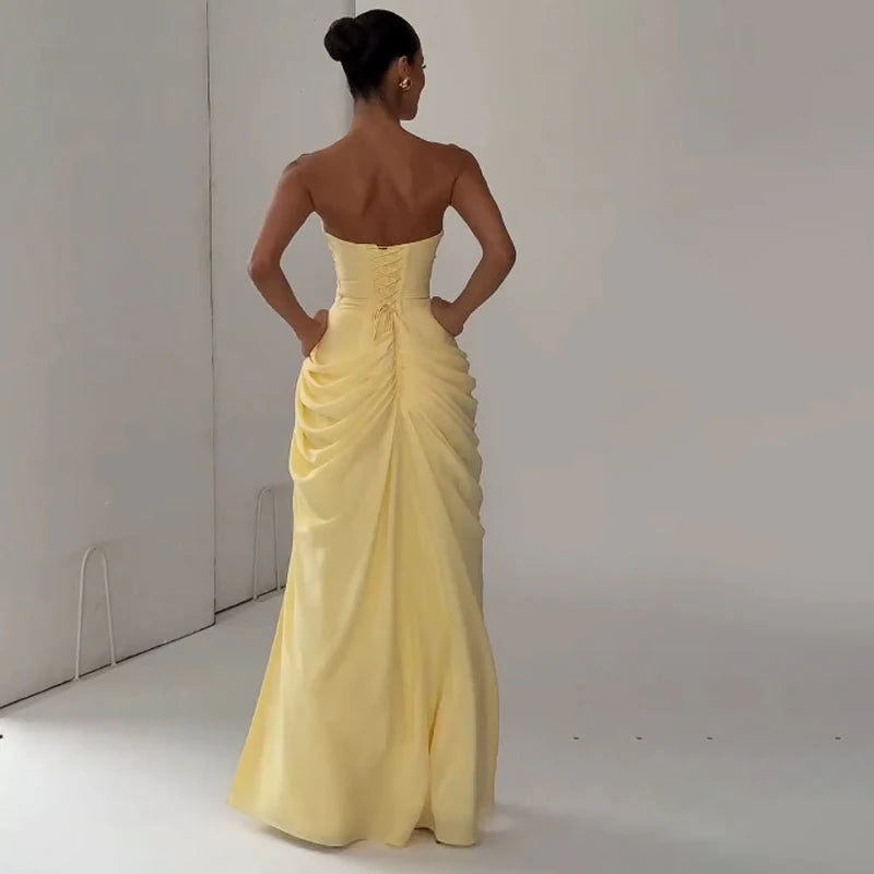 Women Sexy Solid Pleated Strapless Dress Lady Chic Off-shoulder Backless High Waist Split Dresses 2026 Summer Evening Party Gown