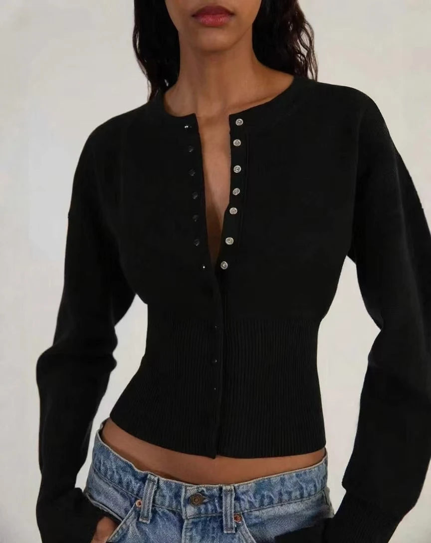 Women's Knitted Fitted Cardigan Elegant Long Sleeve Tops Sweater Knitwears Top Female Clothing 2025 Fall Black Brown White Blue