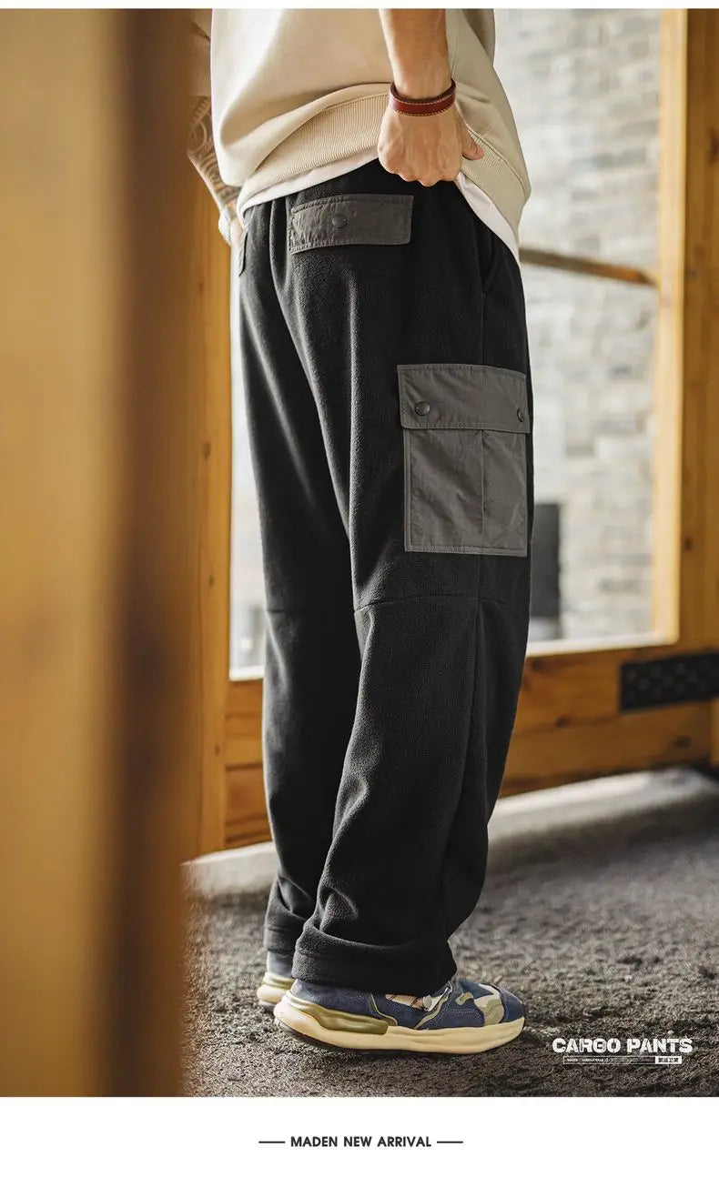 Maden Vintage Men's Brushed Fleece Sweatpants Black Cuffed Thermal Casual Pants Elastic Waist Multi-Pocket Trousers for Winter