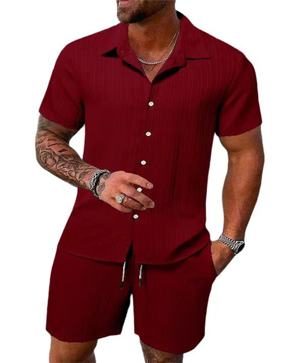 2024 New style Summer Men's Fashion Beach Suit Outdoor Sports Casual Shirt Solid color Loose Short Sleeve Shorts Beach two-piece