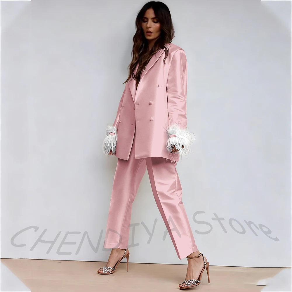 Luxury Feather Women's Suit Classic Design Double Breasted Ankle Length Elegant Outfit Two Pieces Formal Party Female Set