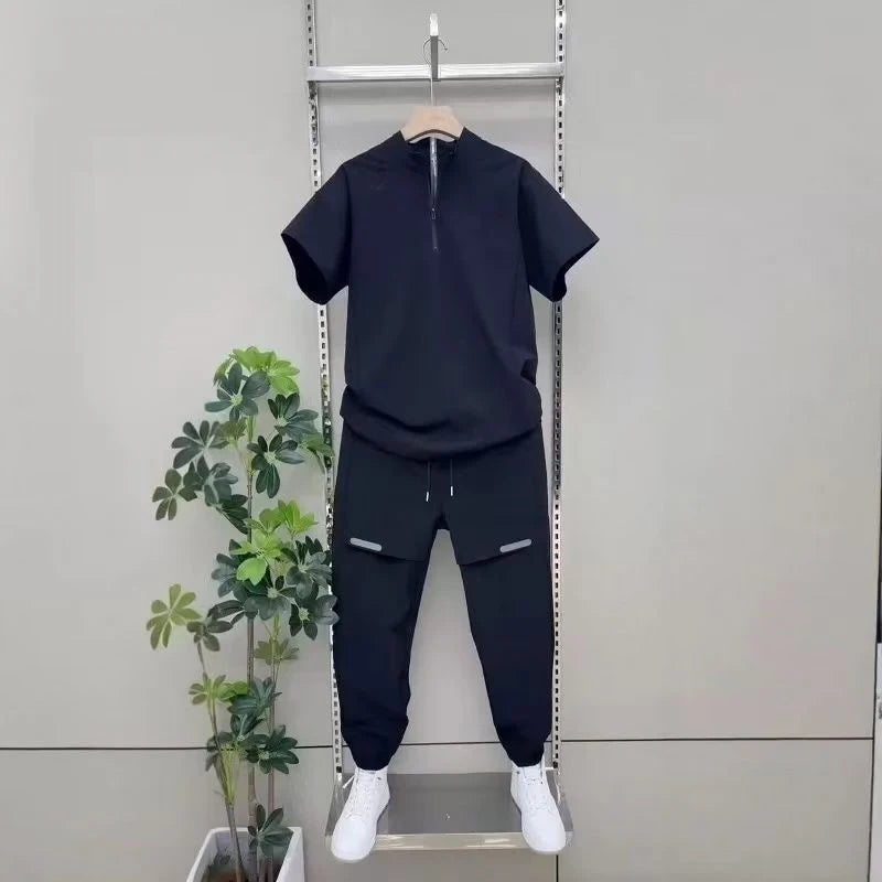 New Men 2 Piece Set Half Zip Stand Collar Loose Quick Dry Breathable Short Sleeve T Shirt Sports Pants Casual Tracksuit