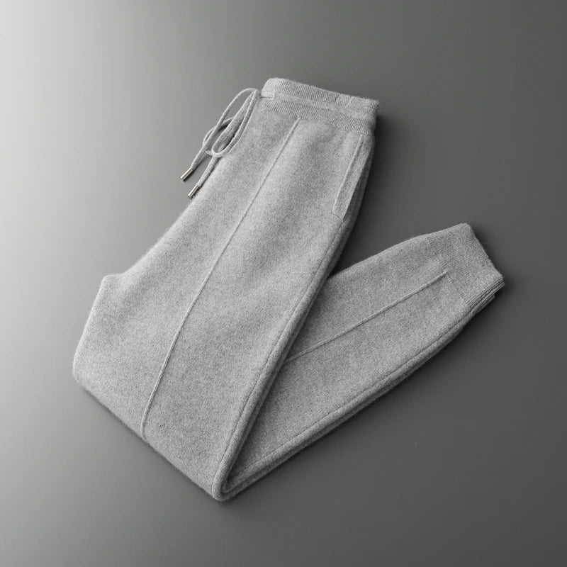Autumn and Winter Thickened High Waisted 100% Merino Wool Men's Pants Small Leg Pants Casual Business Knitted Sweatpants Warm