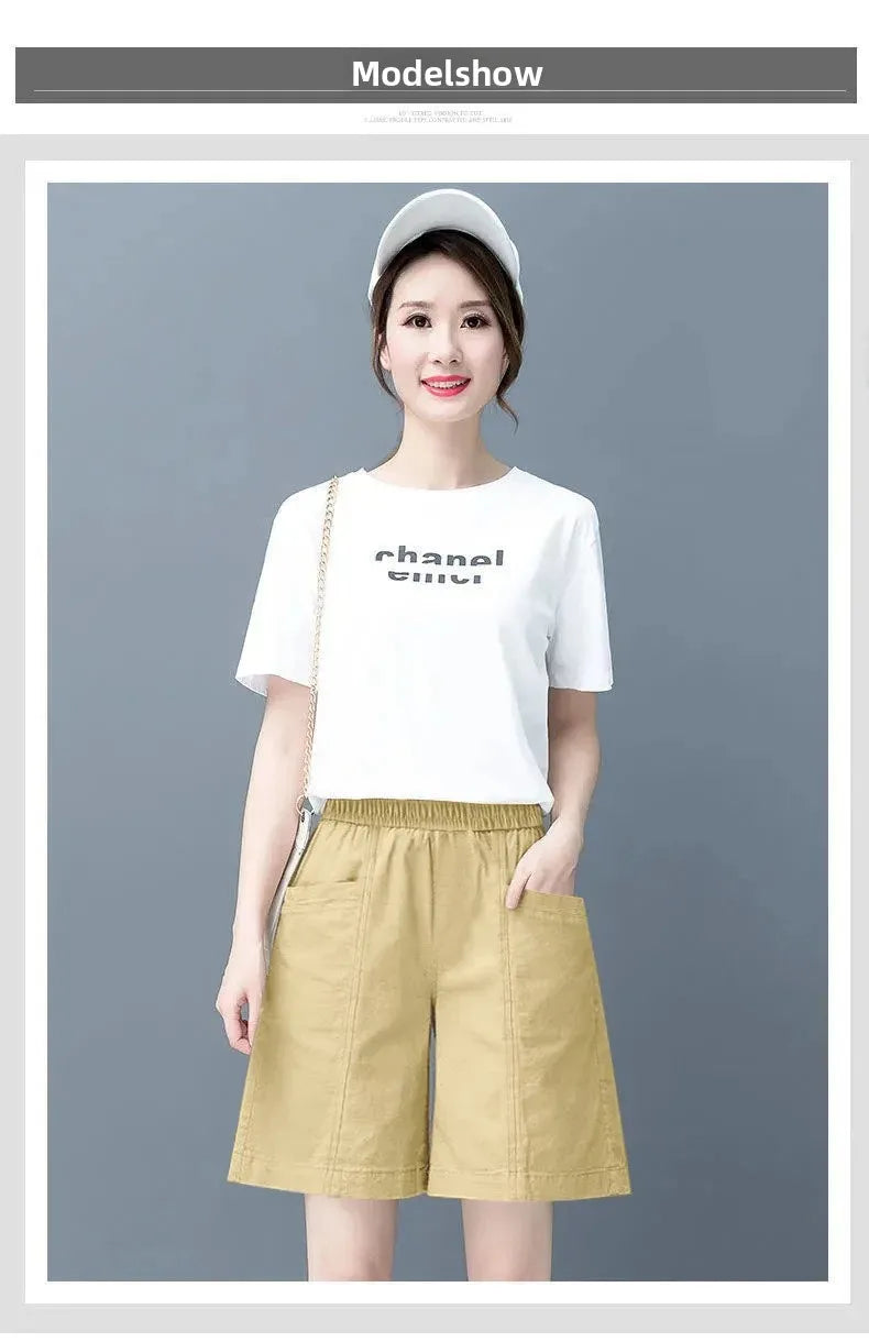 Summer Casual Loose High Waist Slimming Cotton Wide Leg Five-Quarter Length Women's Shorts Versatile Workwear Style Shorts