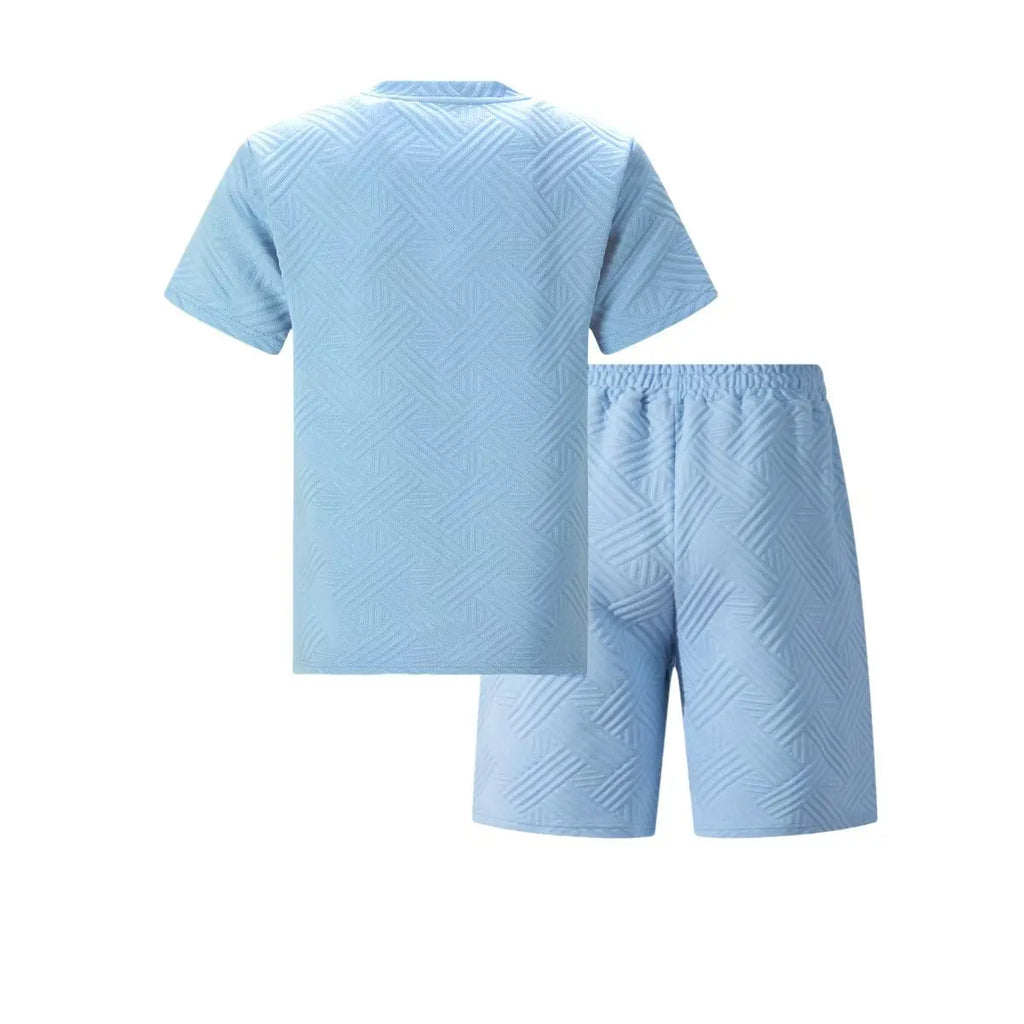 2026 Men's Summer Beige Geometric Textured 2 Piece Set Crew Neck Short Sleeve T-Shirt & Drawstring Shorts Tracksuit