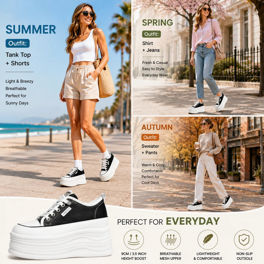 Fujin Casual Shoes For Woman Shoes on Platform Heel Shoes 9 cm 3 inch  White Comfortable High Heel Hidden Chunky Wedge Sneakers