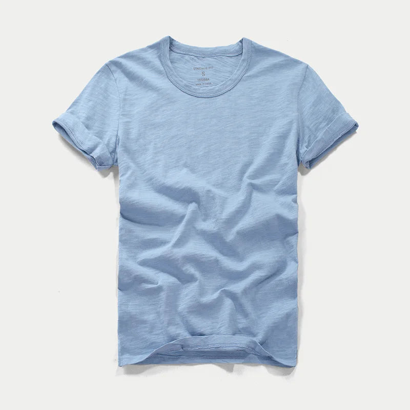 3018 Summer Fashion Short Sleeve Thin T-shirt Solid Color Simple Classic Soft Cozy Round Neck Slub Cotton Men's Casual Tops Tees
