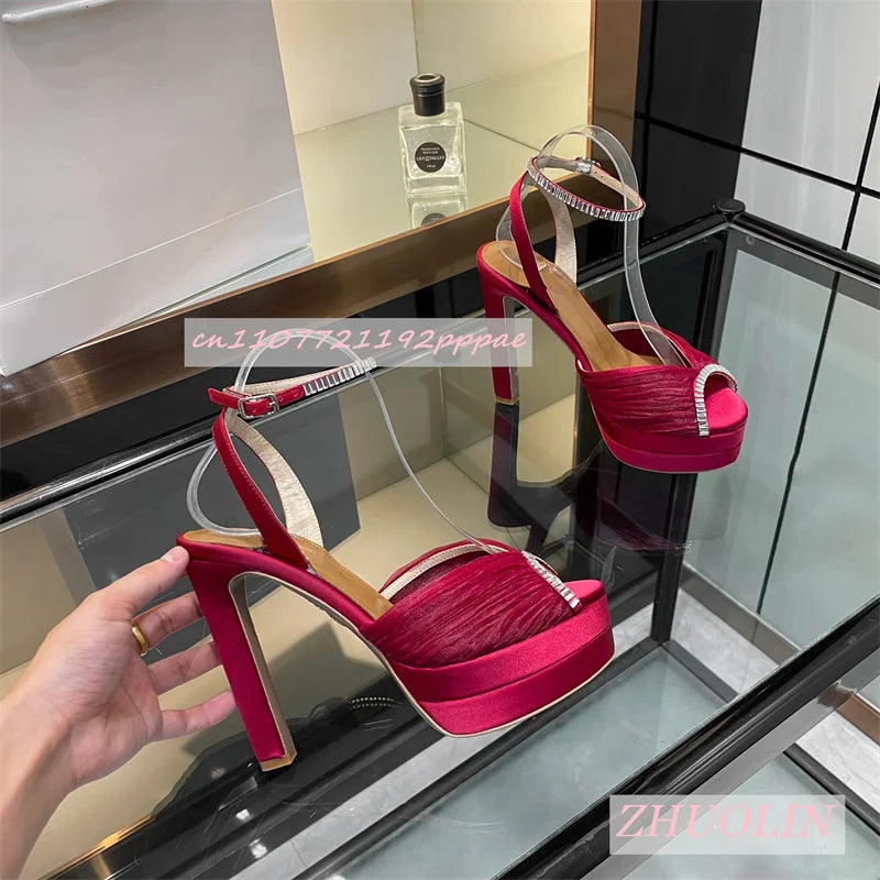 Women'S Satin Rhinestone Double-Layer Platform Shoes Open Toe Chunky Heel Buckle Strap High Heels Elegant Luxury Wedding Shoes