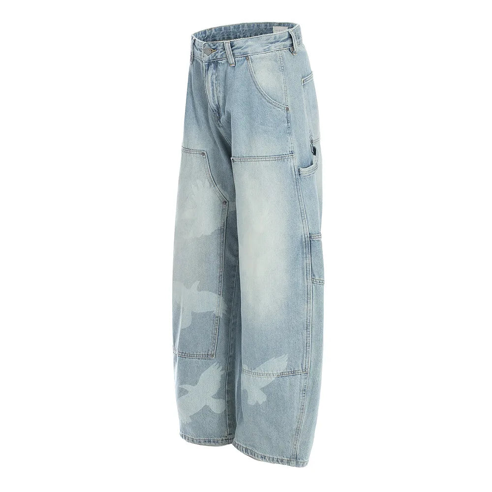 Pigeons Print Carpenter Denim Pant Mens Pocket Retro High Street Washed Distressed Loose Wide Leg ARC 3D JEANS