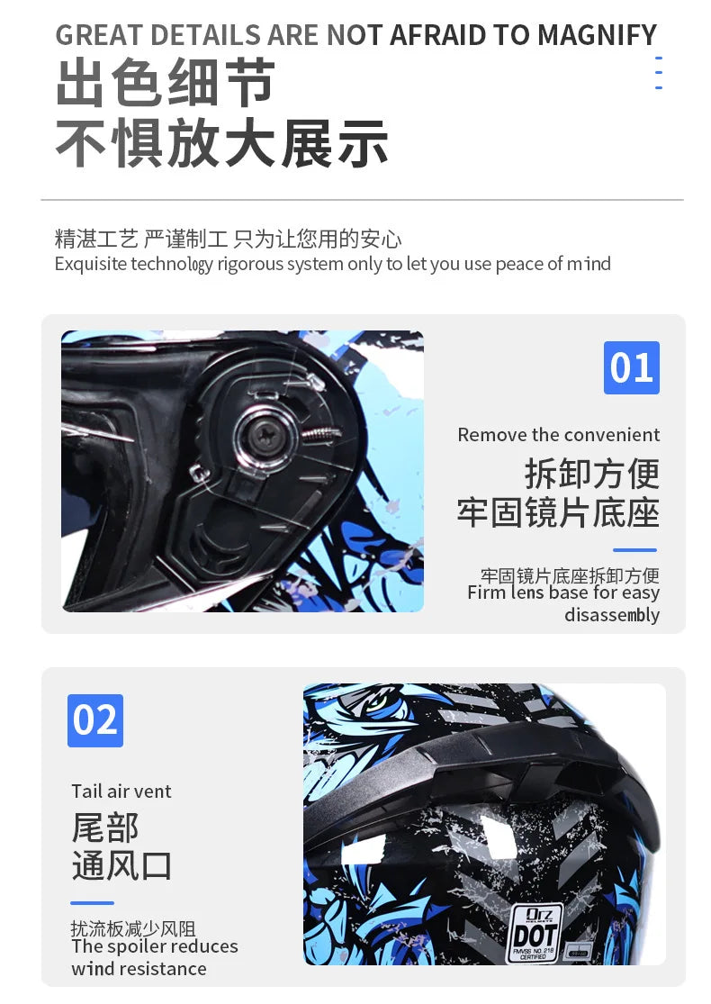 Orz-958 Motorcycle Helmet, Men's and Women's Open Face Helmet, Summer Dual Mirror Large Tail, Semi Fully Covered All Season