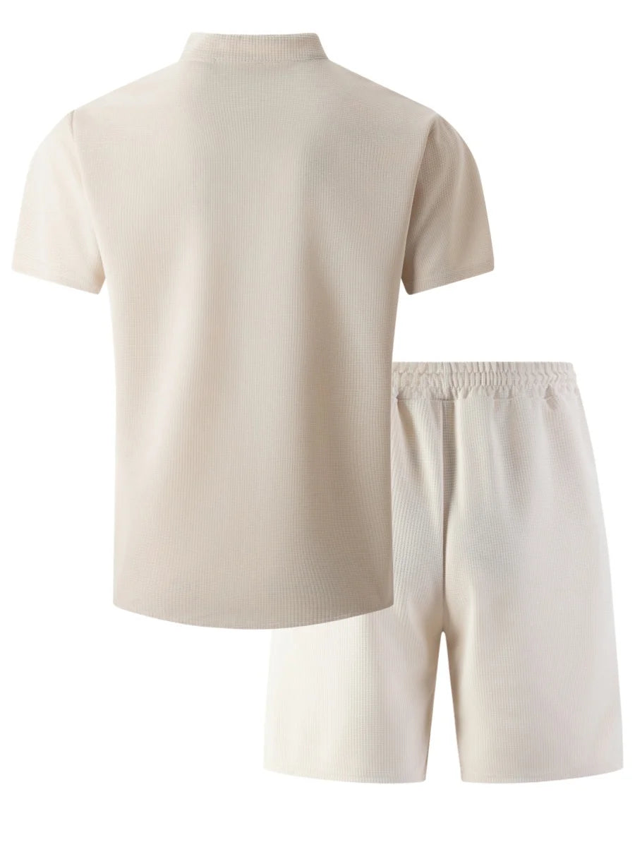 Men's 2 Piece Outfit, Stand Collar Short Sleeve Shirt with Chest Pocket and Drawstring Shorts, Casual Co Ord Set