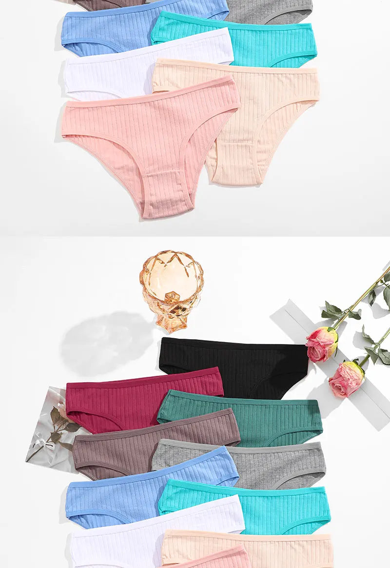 4PCS/SET Women's Cotton Panties Sexy Soft Striped Underpants Solid Color Briefs Female Comfortable Stretch Lingerie M-XL