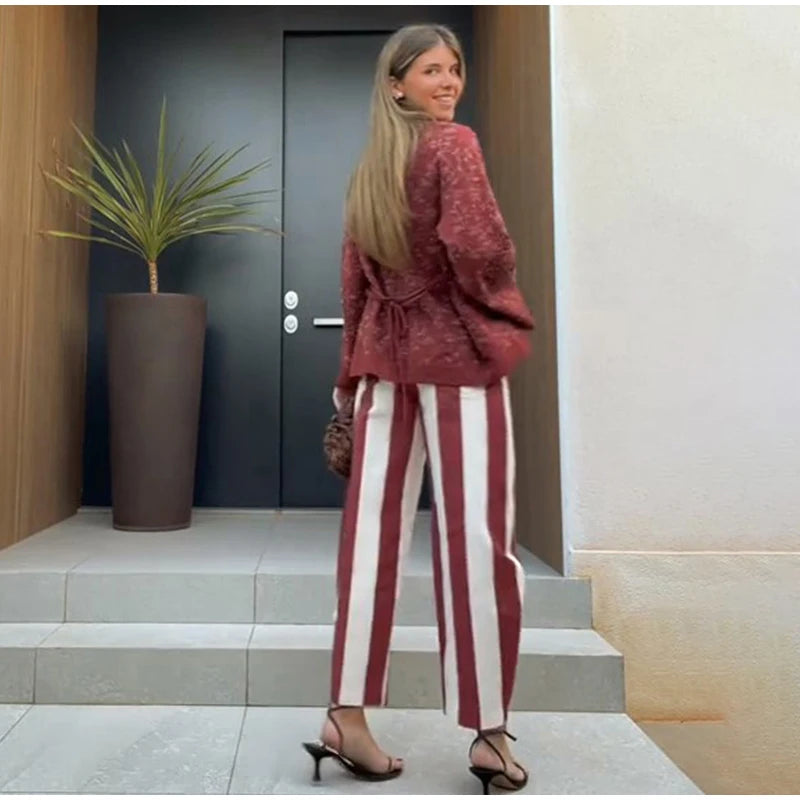 Red White Striped Balloon Pants Women's Elastic Waist Wide Leg Baggy Casual Trouser 2026 Summer New Streetwear Loose Fit Pants