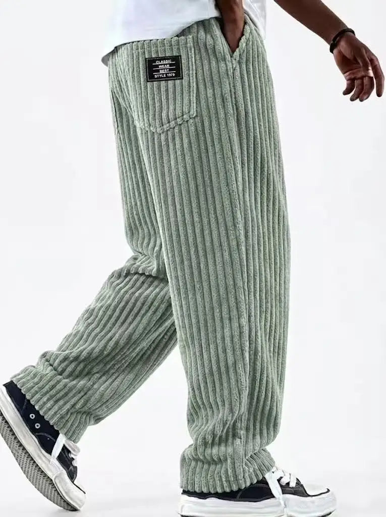 Retro Vertical Striped Men's Pants Corduroy Casual Pocket Trousers Loose Baggy Pants Straight Sweatpants Outdoor Streetwear