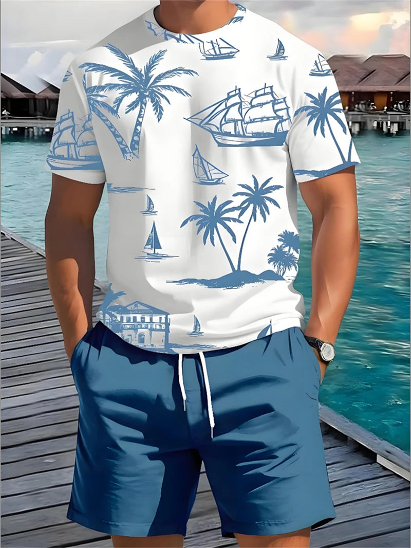 2025 Summer New Men's Short Sleeve Palm Tree Print T Shirt Fashion Men's Vacation Beach Casual Shirts Graphic Tee Summer Tops
