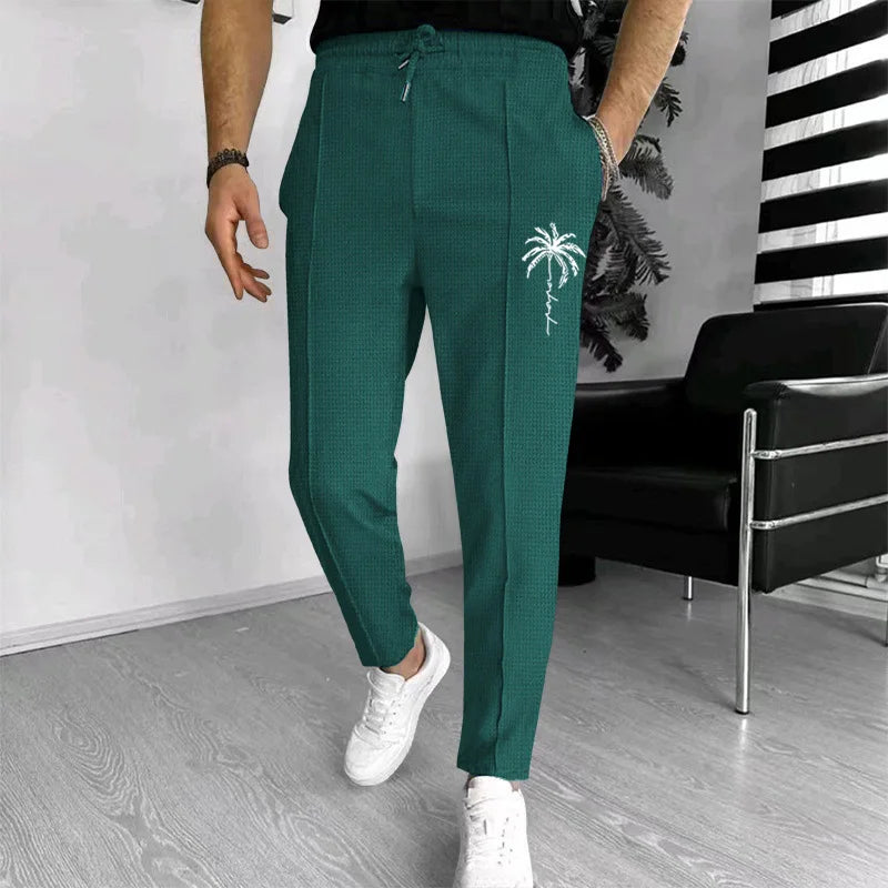 Men Waffle Knit Slim Fit Pants Drawstring Trousers With Pockets Stylish Design Spring Autumn Outdoor Travel Daily Street Wear
