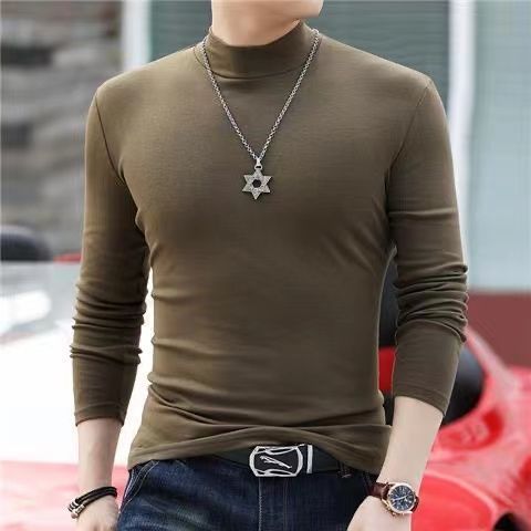 Korean Clothing Blouse Oversize Golf Wear Casual Full Cotton Men's Turtleneck Base Shirt Simple Solid Color Long Sleeve Tops Tee