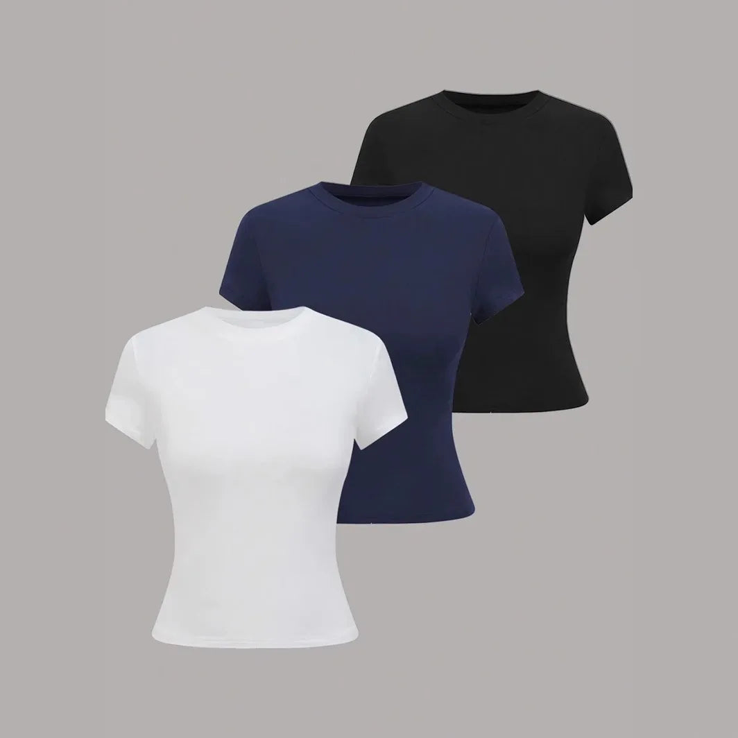 3pcs Sale Women's T-shirts Summer Round Collar Short Sleeve Slim Solid Color Tee Tops YDFS-53001