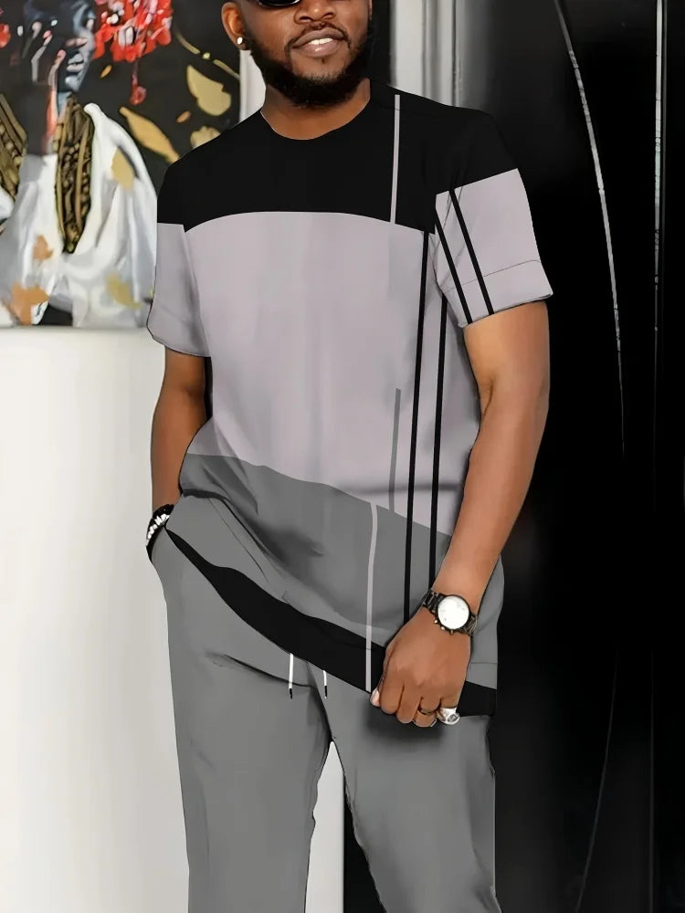 Summer Men's Short-Sleeve Suit Striped Print Short-Sleeve Top Paired With Tailored Trousers Outdoor & Streetwear Two-Piece Set