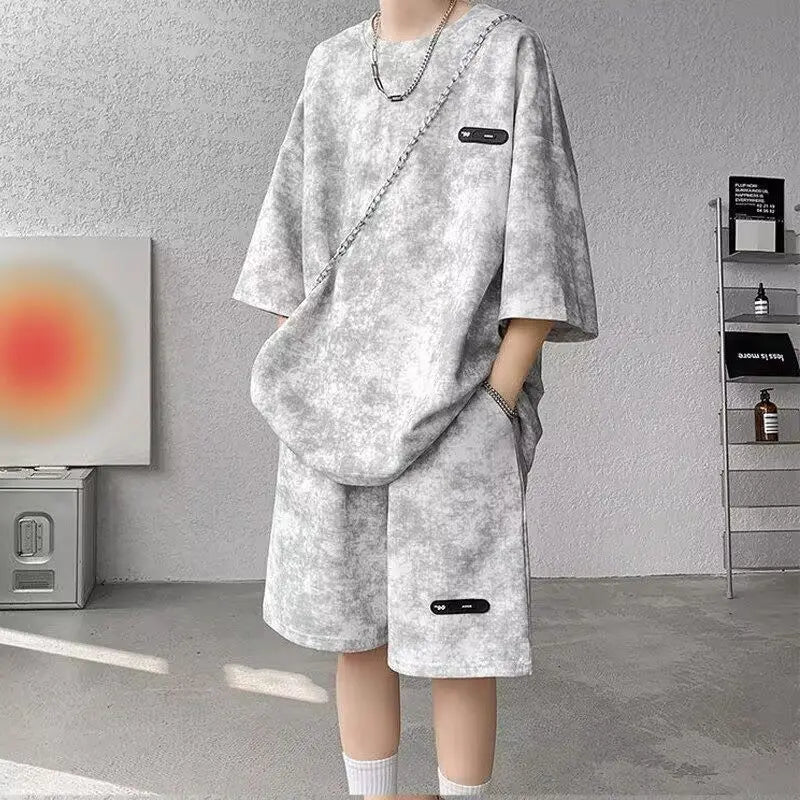 Asian Size M-8XlTie Dye Ice Silk Two-piece Set Men Polyester Short Sleeve Shorts Suit Slim Fit High Quality Basic Outfits Summe