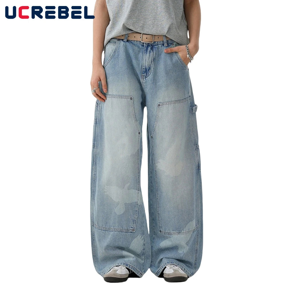 Pigeons Print Carpenter Denim Pant Mens Pocket Retro High Street Washed Distressed Loose Wide Leg ARC 3D JEANS