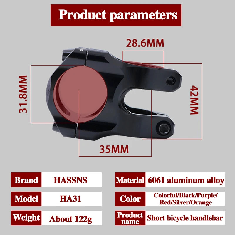 HASSNS MTB Handlebar Stem 31.8mm Road Bike Mountain Bicycle Bridge Short Power Aluminum Alloy Ultralight High-strength Short