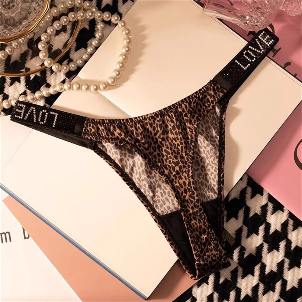 Wine Red/Leopard Sexy Shinning Rhinestone Thong Women's Seamless Underwear Sexy Sports Ladies Plus-size T-back Panties