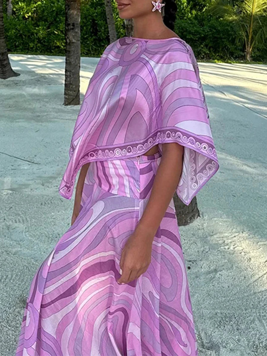 TWOTWINSTYLE Holiday Elegant Printing Two Piece Set for Women O Neck Short Sleeve Top High Waist Maxi Skirt Suit Female Style