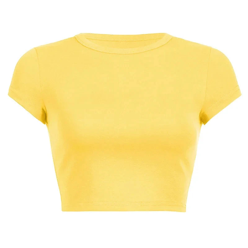 Summer Casual Short Sleeve Basic O Neck Solid Color Cropped Navel Women Crop Tops Soft Bodycon Fashion Tees Blouse