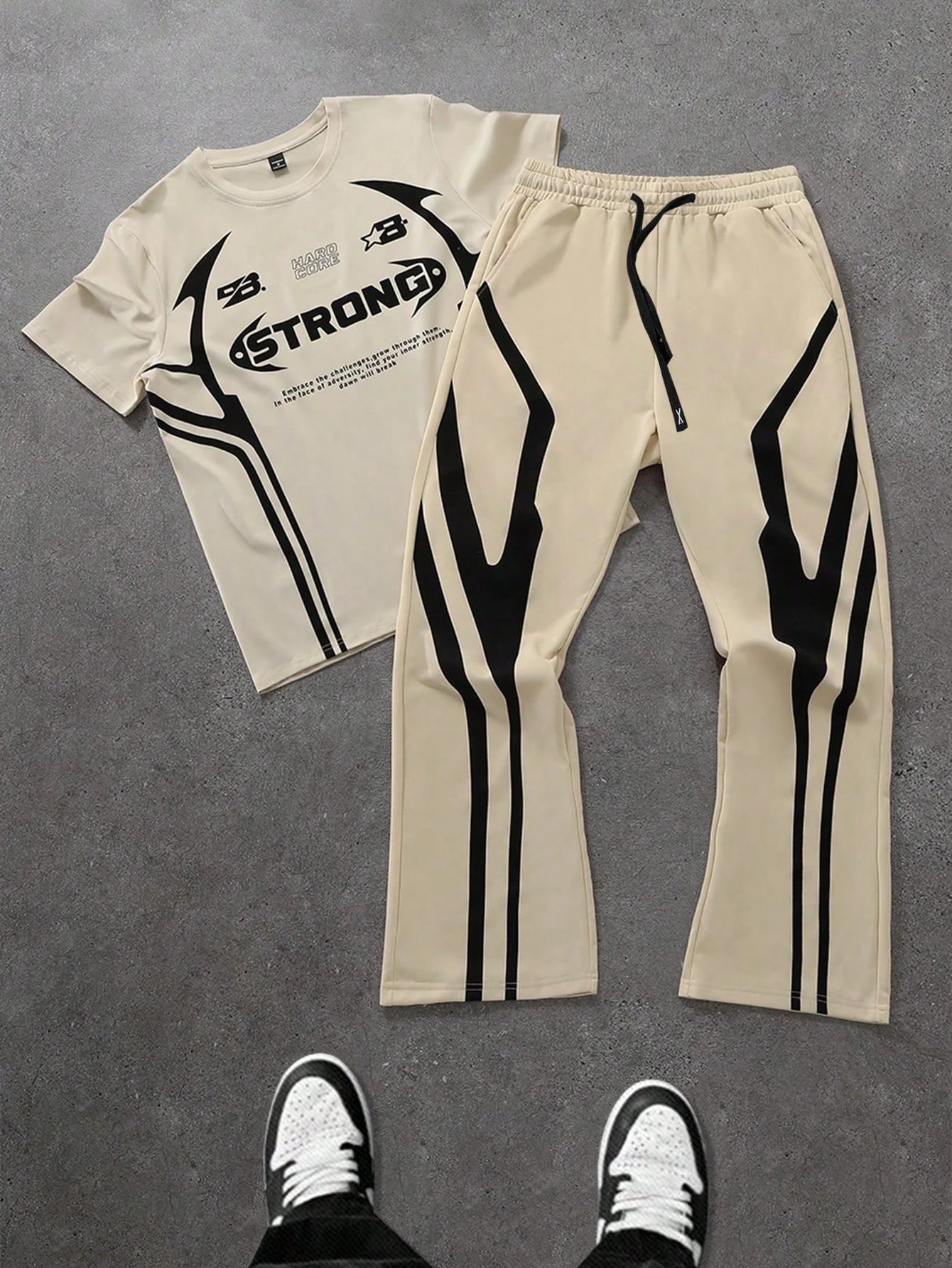 Men's Trendy Two Piece Fashion Hip Hop STRONG Letter Printed Crew Neck T-Shirt and Trousers Set Hip Hop Wear  Men's Clothing