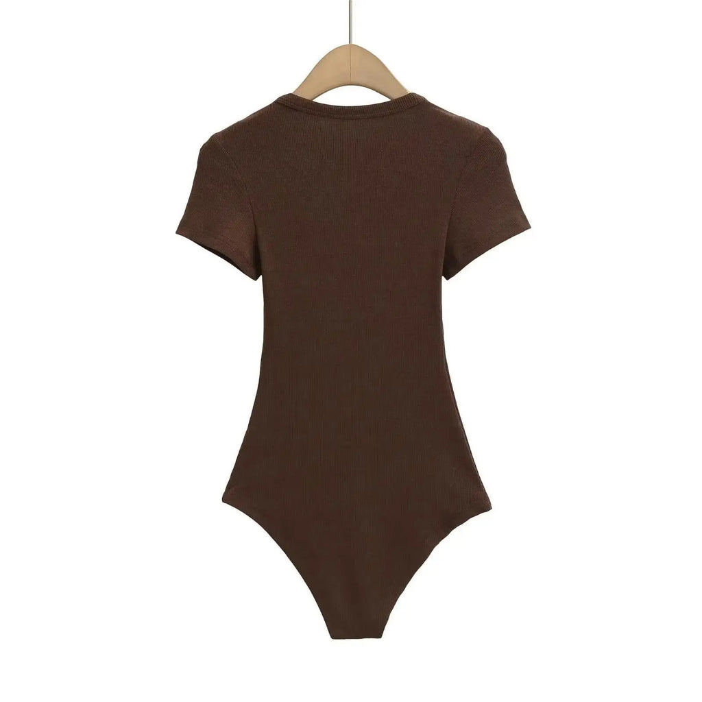 Women Short Sleeve Square Collar Bodysuits Summer Rib Knitted Elastic Slim Top Jumpsuits Solid Color