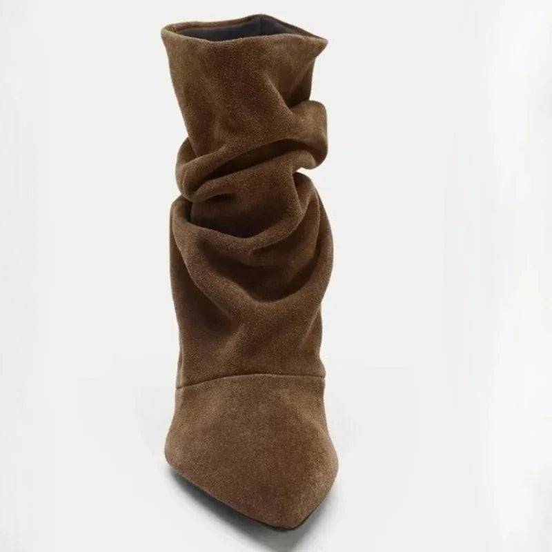 Aneikeh Winter Wrinkle Pointed Toe Ankle Boots Women Pleated Short Boots Female Retro Elegant Designer Femmes Botas De Mujer