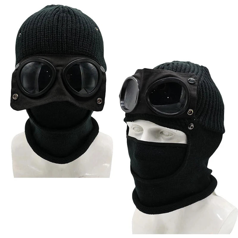 New Trendy Autumn Winter Warm Caps New Aviator Glasses Men Women Ear Protection Plus Cycling Full Face Cover Warm Knitted Hats