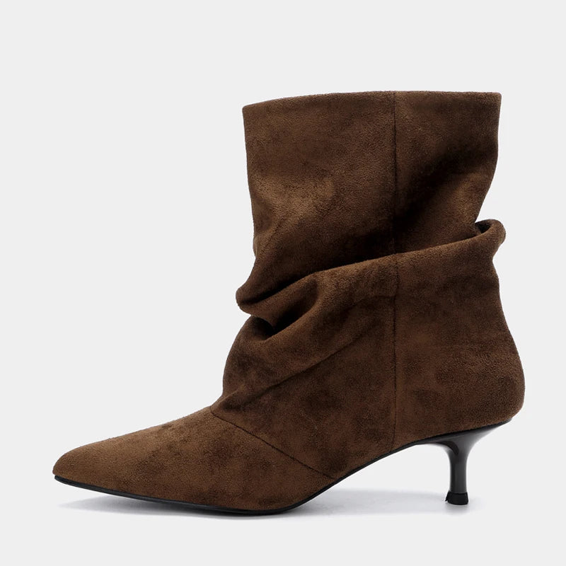 Liyke Winter Pleated Suede Women Shoes Pointed Toe Low Thin Heels Female Brown Retro Elegant Designer Ankle Boots Bottes Femme