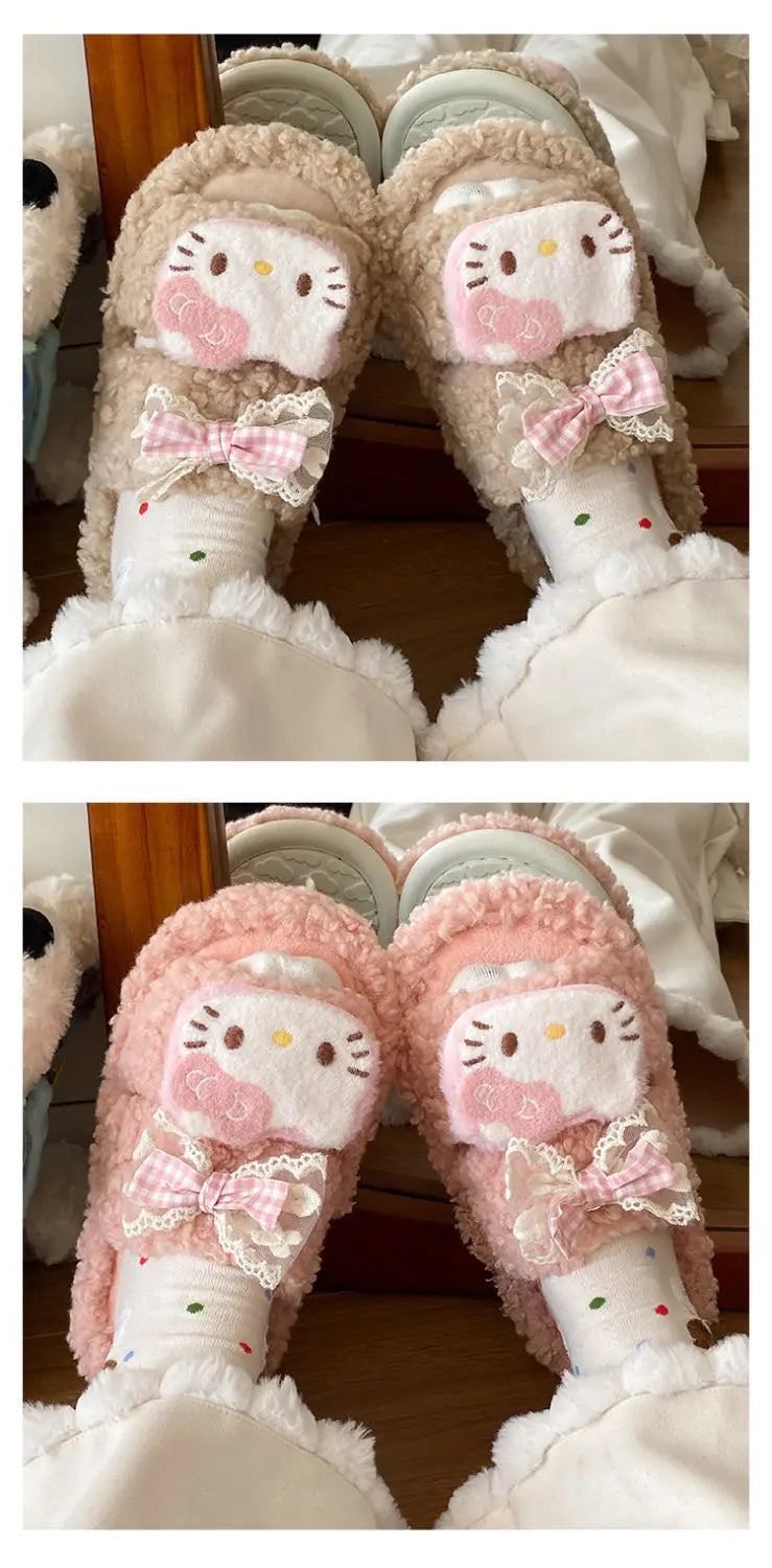 Sanrio Hello Kitty Adult Cotton Slippers Y2K Kawaii Cartoon Winter Indoor Open Toe Anti-Slip Slipper Comfortable Warm Shoes New