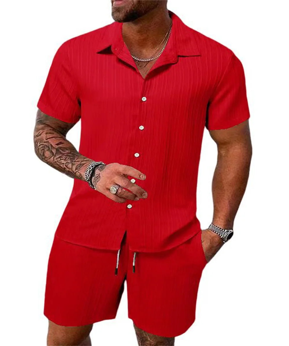 2024 New style Summer Men's Fashion Beach Suit Outdoor Sports Casual Shirt Solid color Loose Short Sleeve Shorts Beach two-piece