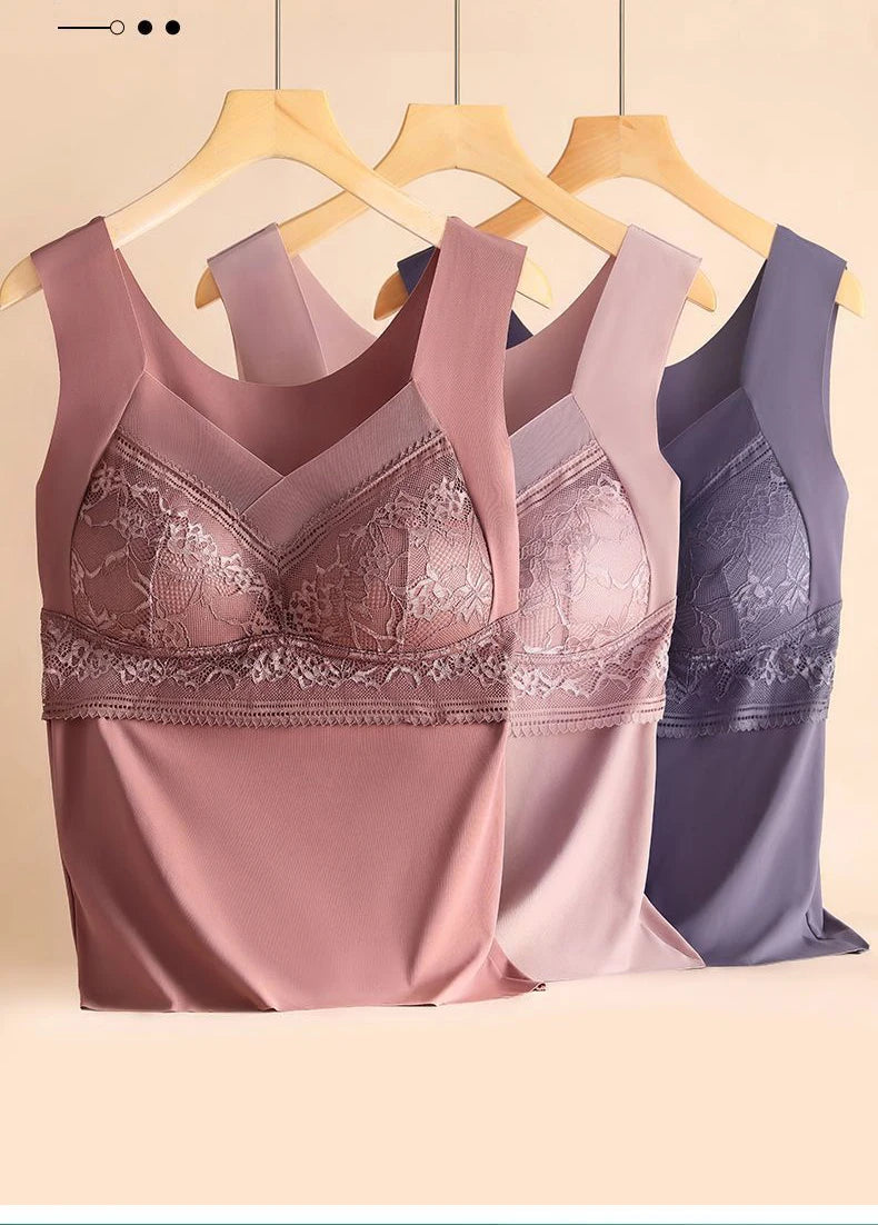2pcs Woman Thermal Underwear Thermo Lingerie Winter Soft Warm Top Wear Thermo Vest  Undershirt Intimate Lace with Bra Padded