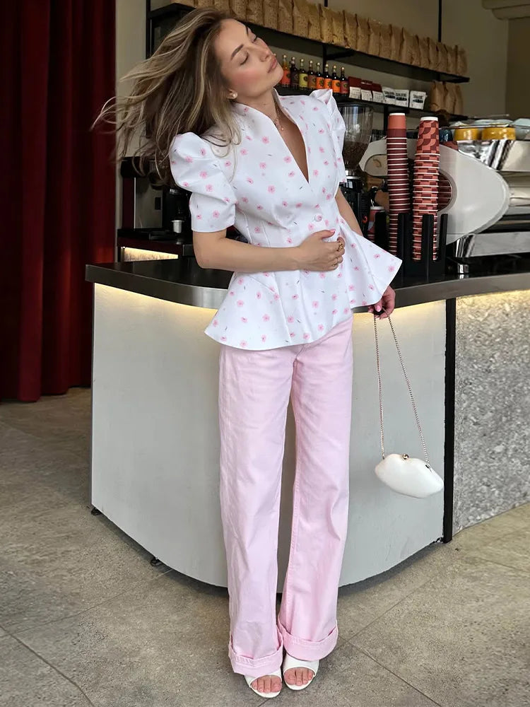 Waist Cinching Floral Suit Jacket Lady V-Neck Short Bubble Sleeve Shoulder Pad Jackets Fashion Daily 2026 Summer New Woman Coat