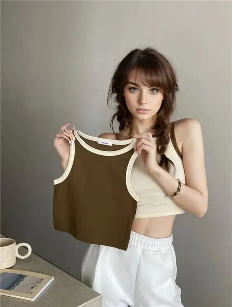 Spring Summer Color Block Sleeveless Vest Outerwear Pure Color Strap Innerwear Sports Top Base Shirt Beautiful Wrap Chest Women