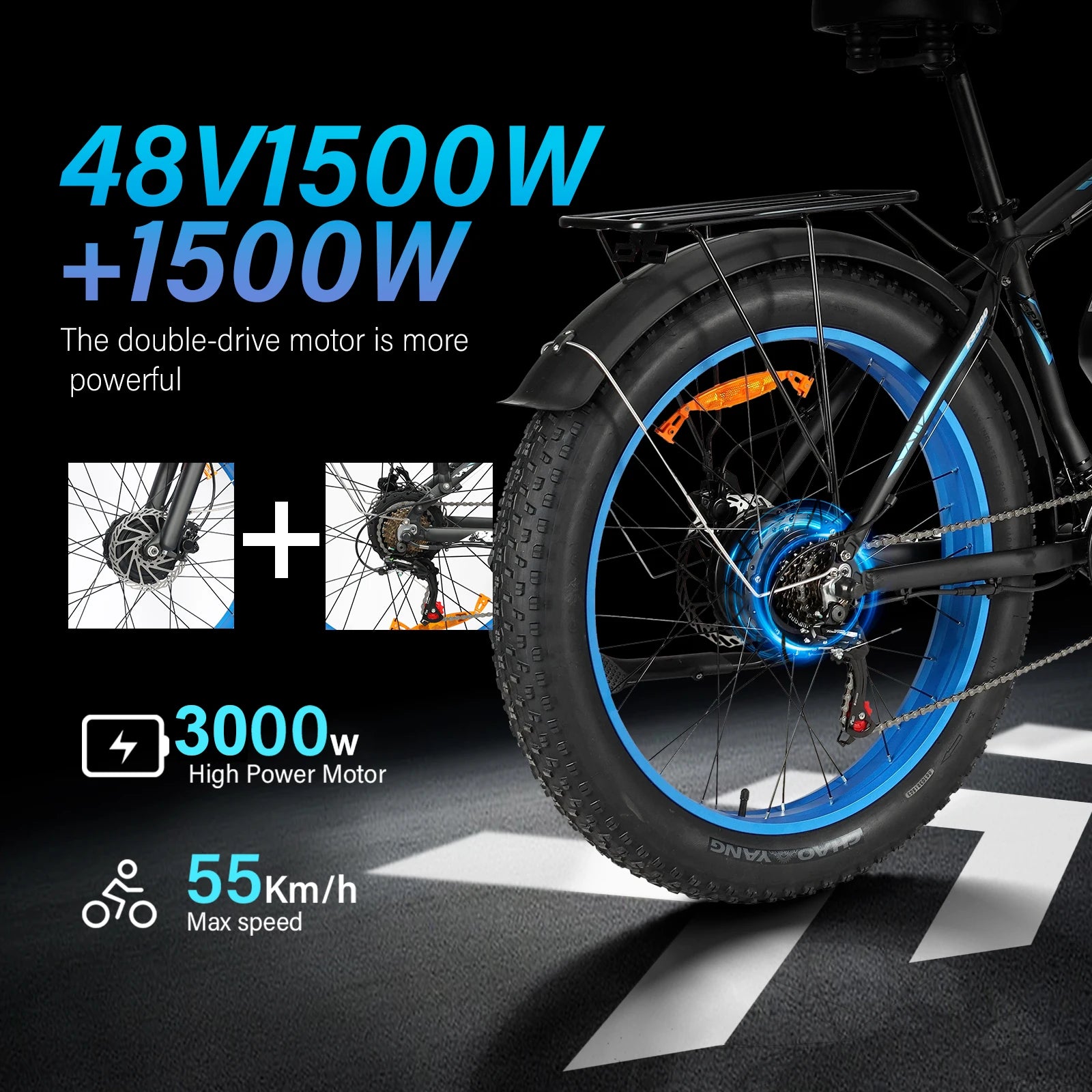 Electric bicycle 3000W Dual Motor 48V23AH All terrain Mountain Off road Snowfield EBike Hydraulic brake Commute 26 inch Fat Tire