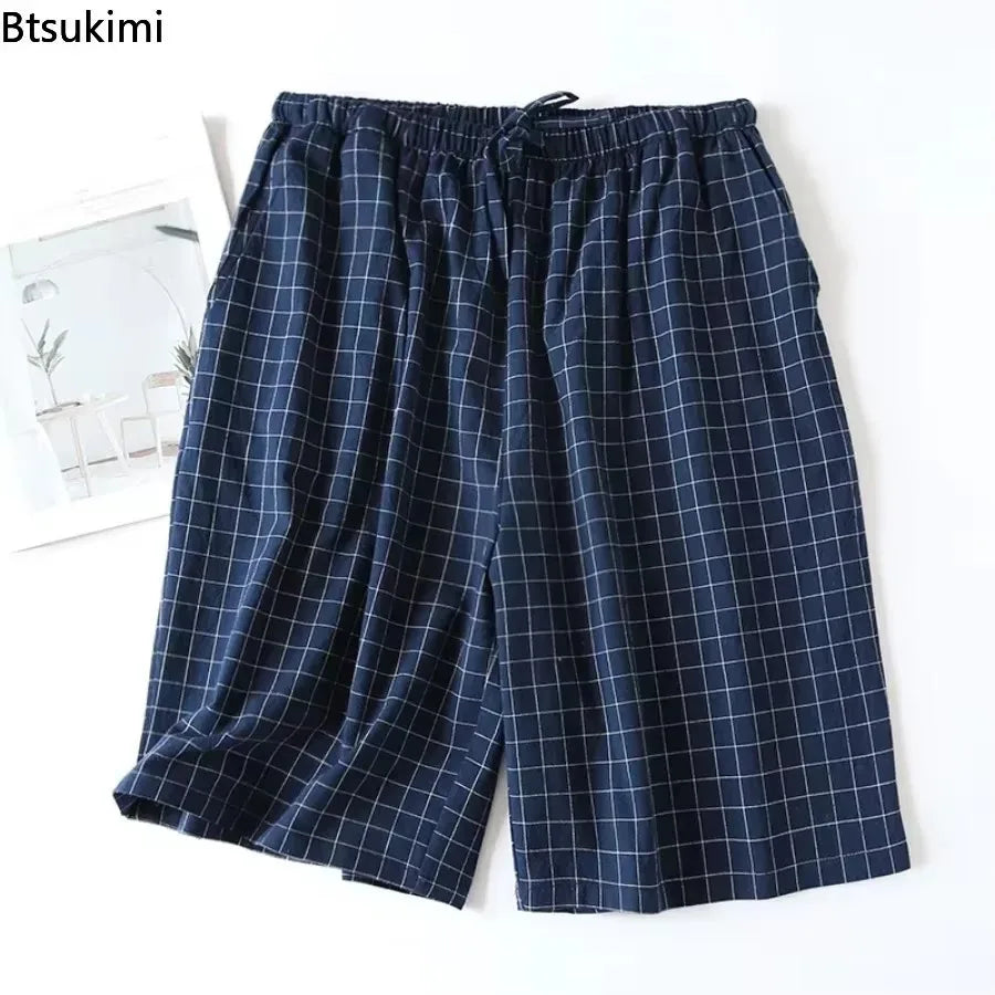 New 2026 Men's Sleepwear Pajama Shorts Plaid Design 100% Cotton Casual Loose Double-layer Homewear Sleep Bottoms Male Home Pants