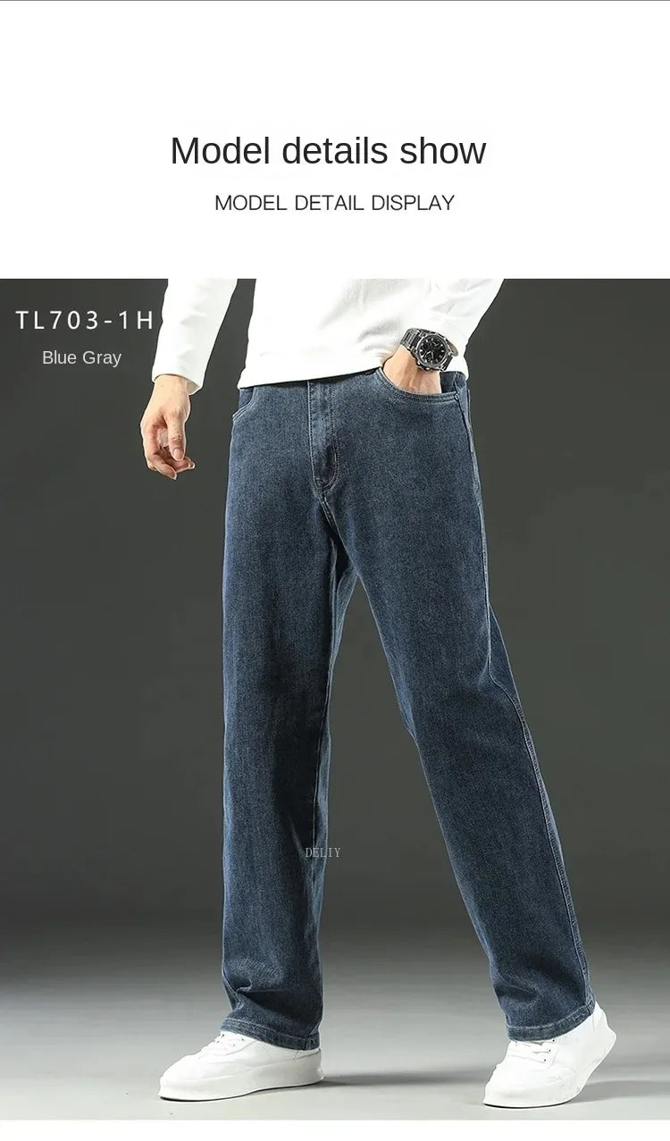 Autumn Winter  Brand New High Waist Jeans Classic Business Casual Office Men's Fashion Stretch Slim Denim Jeans Navy Blue