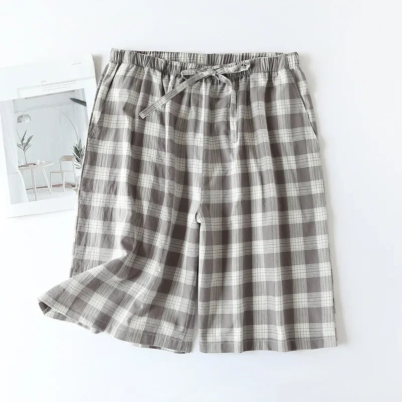 New 2026 Men's Sleepwear Pajama Shorts Plaid Design 100% Cotton Casual Loose Double-layer Homewear Sleep Bottoms Male Home Pants