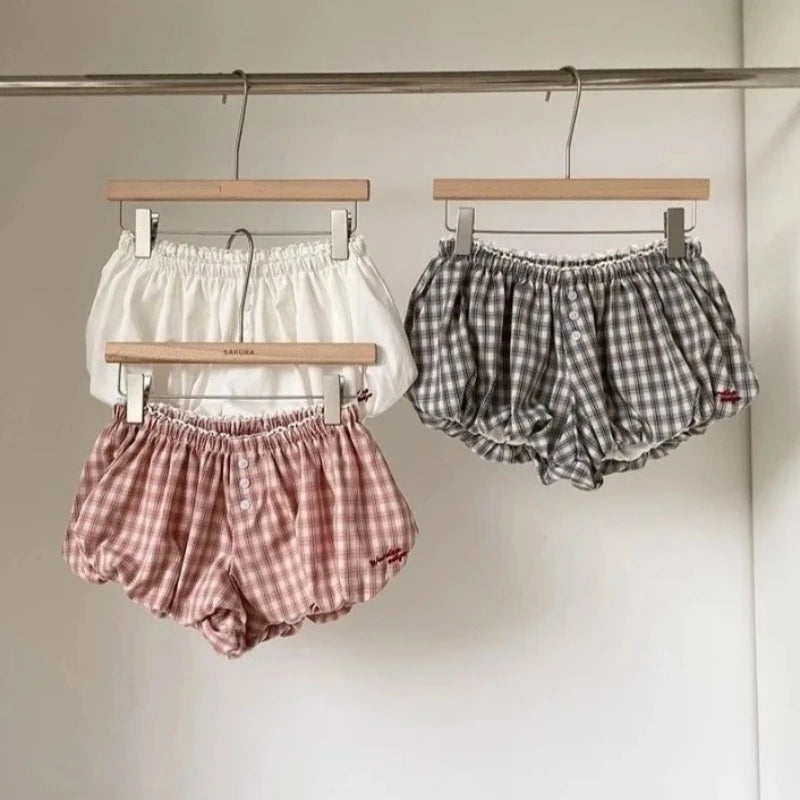 Women's Plaid Bubble Shorts Elastic Waist Bloomer Shorts Casual Short Pants Summer Streetwear шорты женские