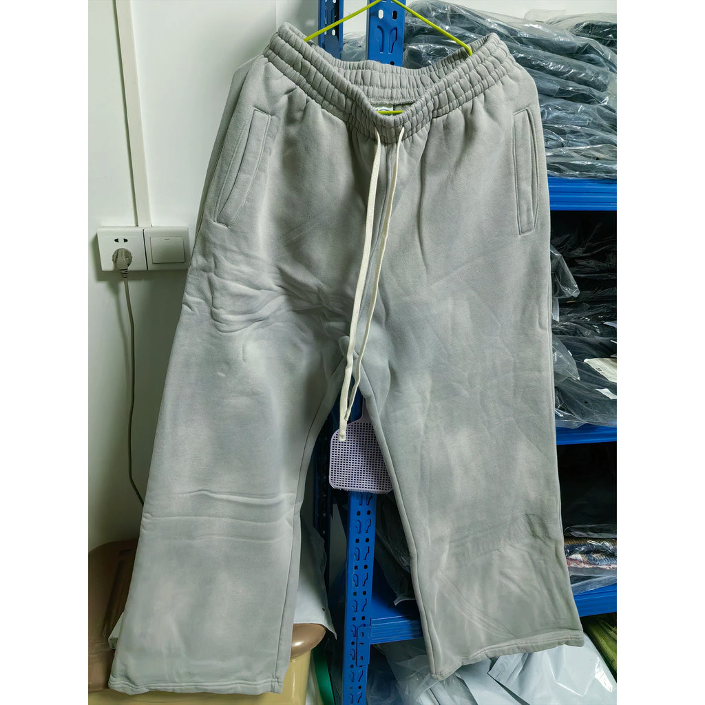 2025 Winter New Fleece Sweatpants Men Splashing Ink Spray Dyeing Wash Distressed Wide Joggers Grinding Edges Baggy Plush Pants