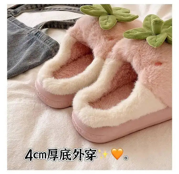Winter Women's Furry Cotton Home Slippers Cute Strawberry Design Warm Thick Soled Anti Slip Indoor Household Outdoor Wearable