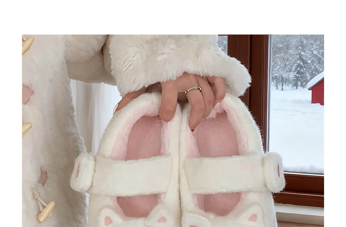 New fuzzy black cat shoes hook loop winter slippers for women indoor mary jane plush shoes mom shallow warm kitty slippers woman