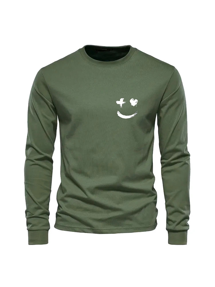 Simple Smiley Face Printed Men's Fashion Long-sleeve Round Neck T-shirt Autumn and Spring Season Mens Home Leisure Plus Size Top